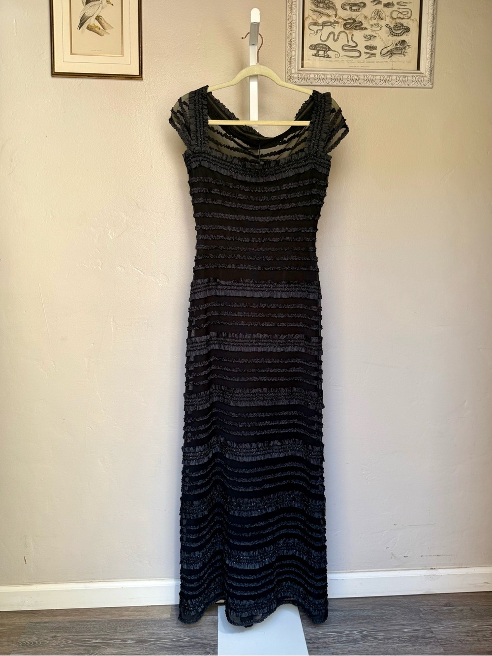 Vintage Black Ruffled Mesh Cap-Sleeve Maxi Dress by Tadashi